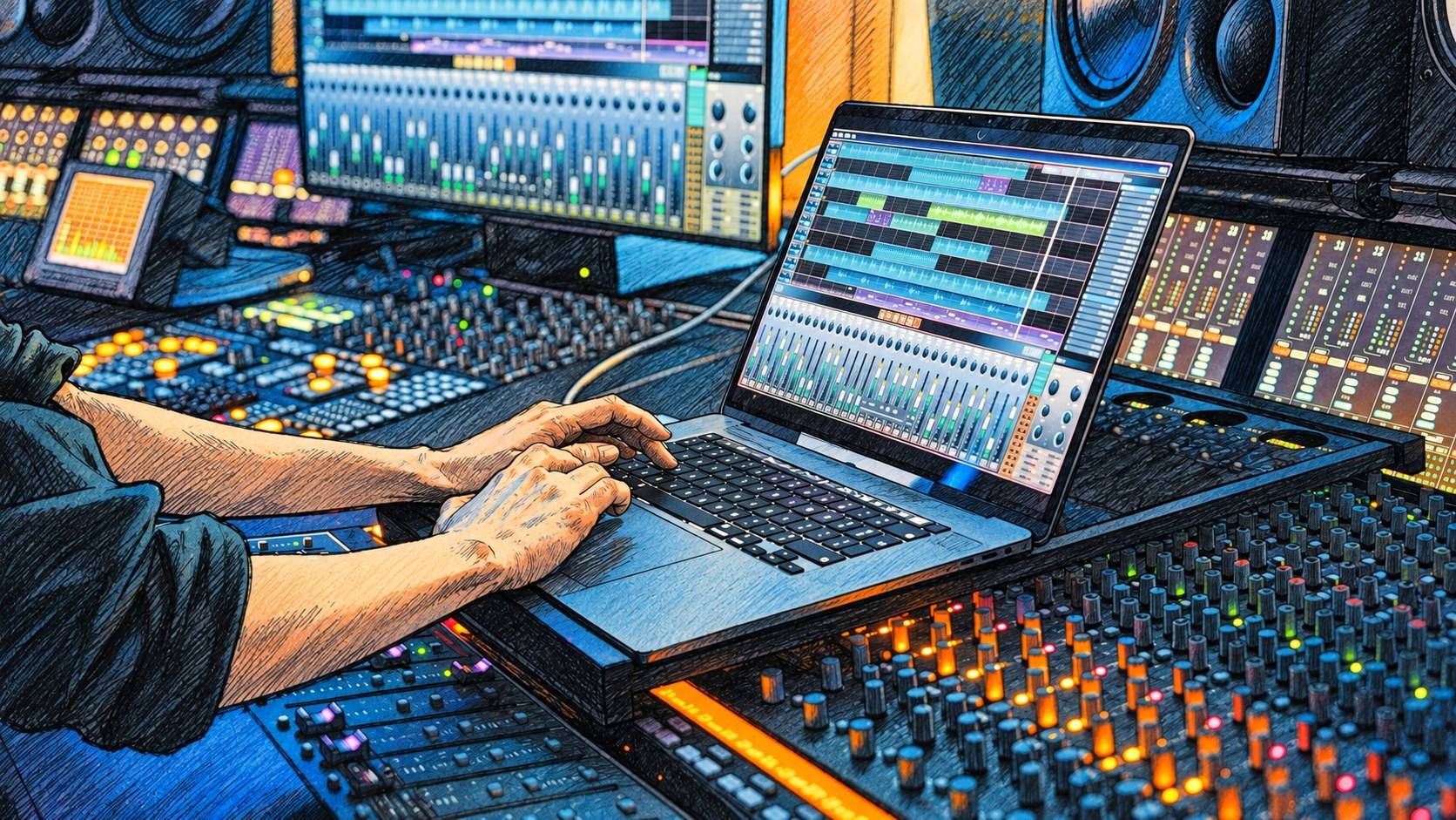 Illustration: hands on a laptop in front of a mixing console, in the studio