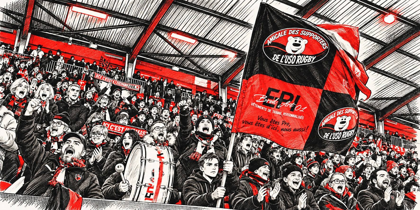 Black and red illustration: Oyonnax Rugby fans singing in the stands, around a big flag and a bass drum